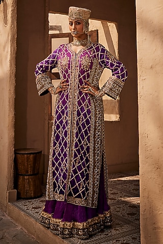 Purple Ombre Upada Silk Dabka Hand Work Gharara Set by Dareaab by Sonia k Mahajan