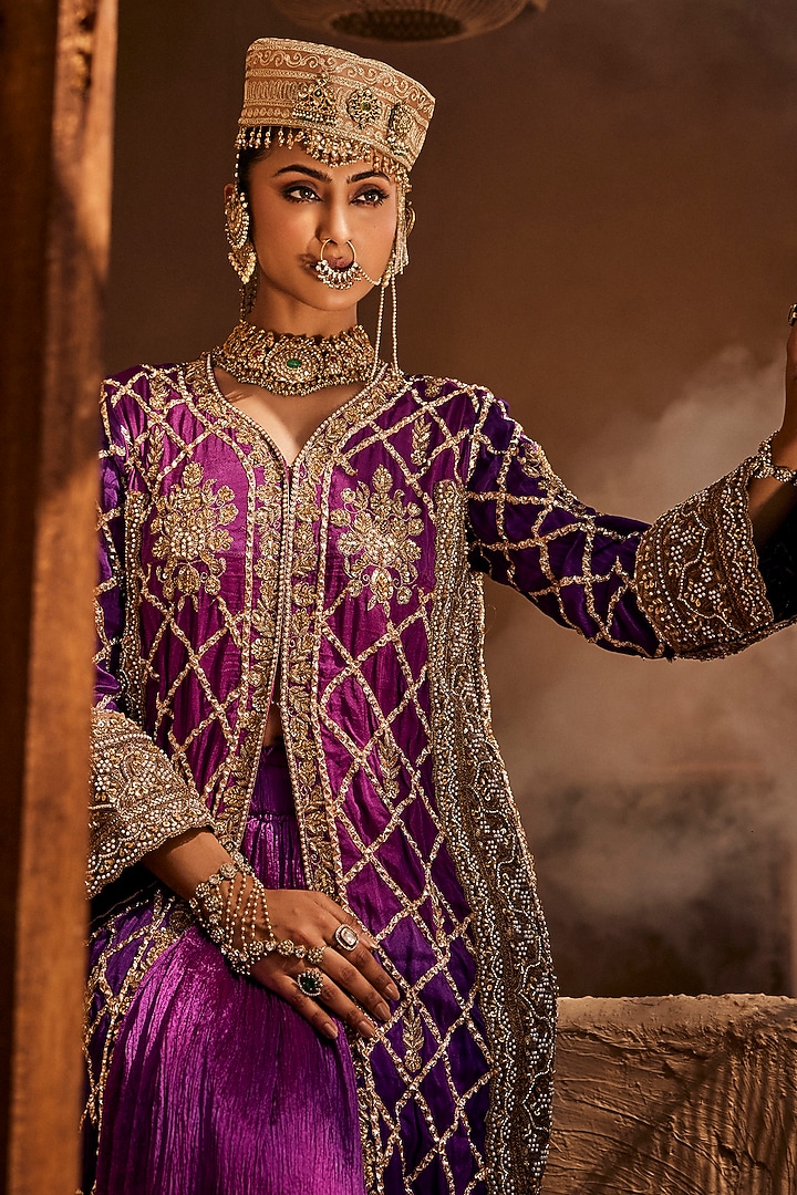 Purple Ombre Upada Silk Dabka Hand Work Gharara Set by Dareaab by Sonia k Mahajan at Pernia's Pop Up Shop
