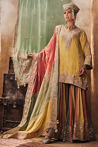 Multi-Colored Georgette Banarasi Sharara Set by Dareaab by Sonia k Mahajan