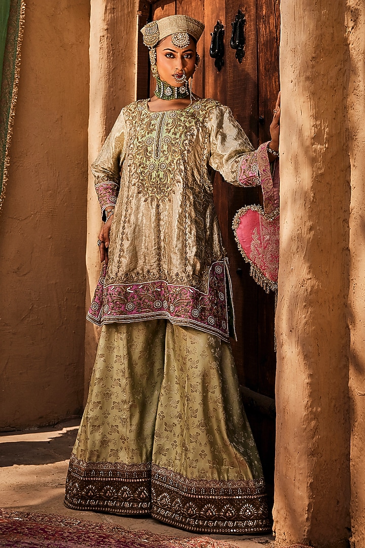 Pastel Green Woven Banarasi Lame Gharara Set by Dareaab by Sonia k Mahajan at Pernia's Pop Up Shop