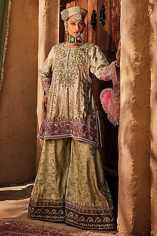 Pastel Green Woven Banarasi Lame Gharara Set by Dareaab by Sonia k Mahajan