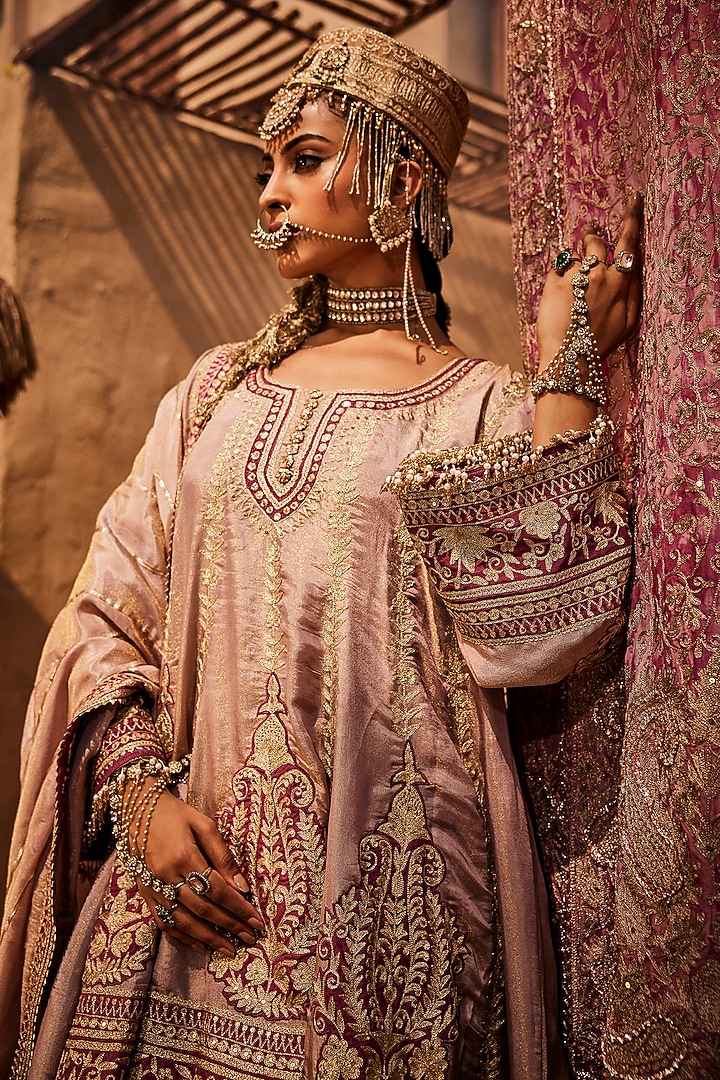 Salmon Pink Lame Gota Embellished Choga Kurta Set by Dareaab by Sonia k Mahajan at Pernia's Pop Up Shop