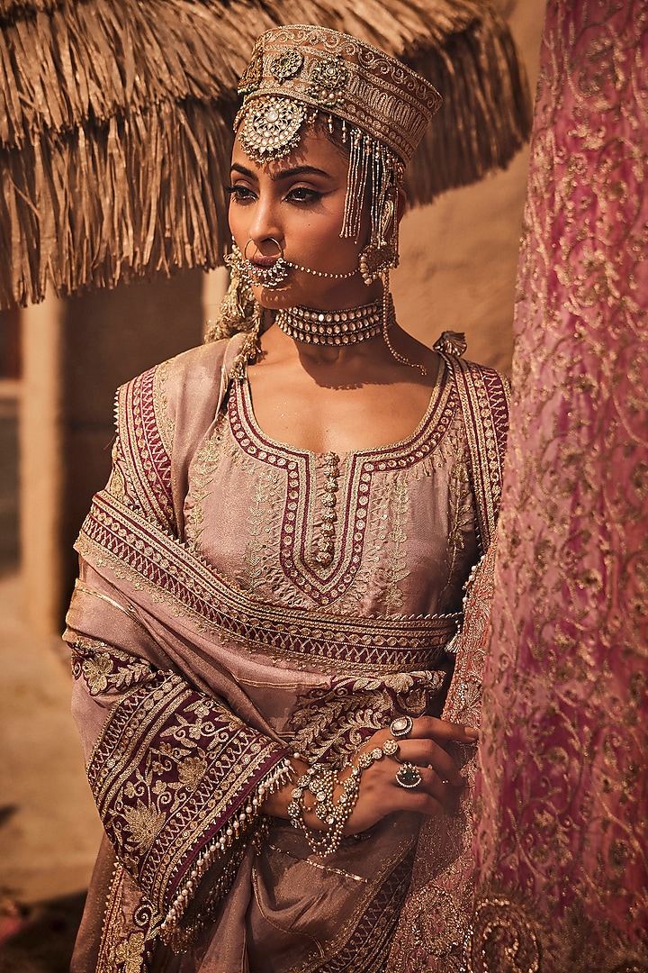 Salmon Pink Lame Gota Embellished Choga Kurta Set by Dareaab by Sonia k Mahajan at Pernia's Pop Up Shop