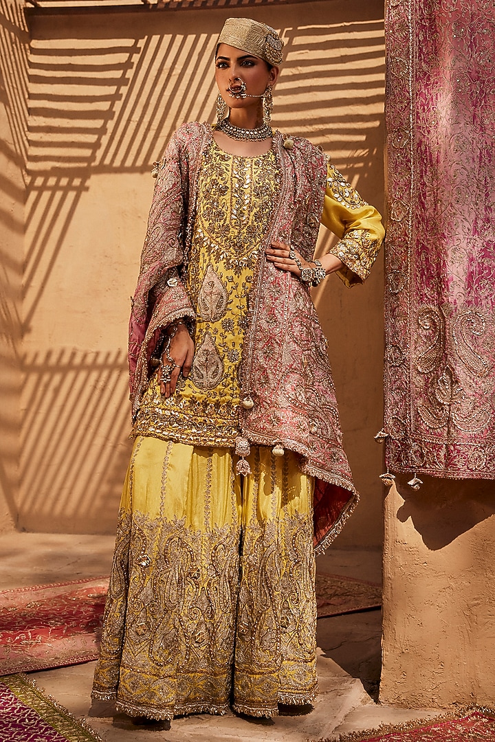 Golden Yellow Silk Tilla Embroidered Gharara Set by Dareaab by Sonia k Mahajan at Pernia's Pop Up Shop