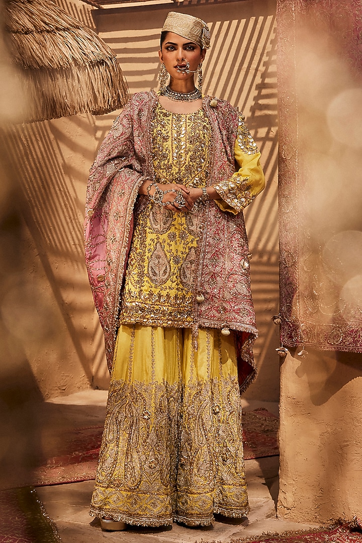 Golden Yellow Silk Tilla Embroidered Gharara Set by Dareaab by Sonia k Mahajan at Pernia's Pop Up Shop