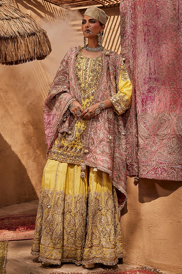 Golden Yellow Silk Tilla Embroidered Gharara Set by Dareaab by Sonia k Mahajan at Pernia's Pop Up Shop
