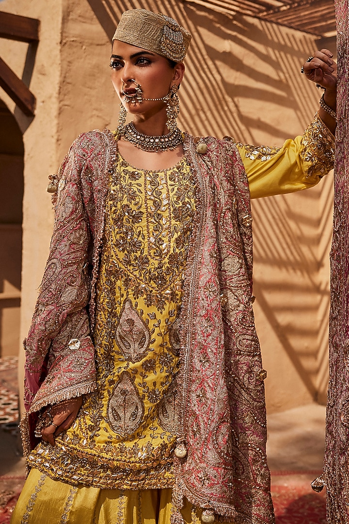 Golden Yellow Silk Tilla Embroidered Gharara Set by Dareaab by Sonia k Mahajan at Pernia's Pop Up Shop