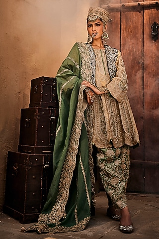 Lame Gold Lame Georgette Tilla Embroidered Choga Kurta Set by Dareaab by Sonia k Mahajan