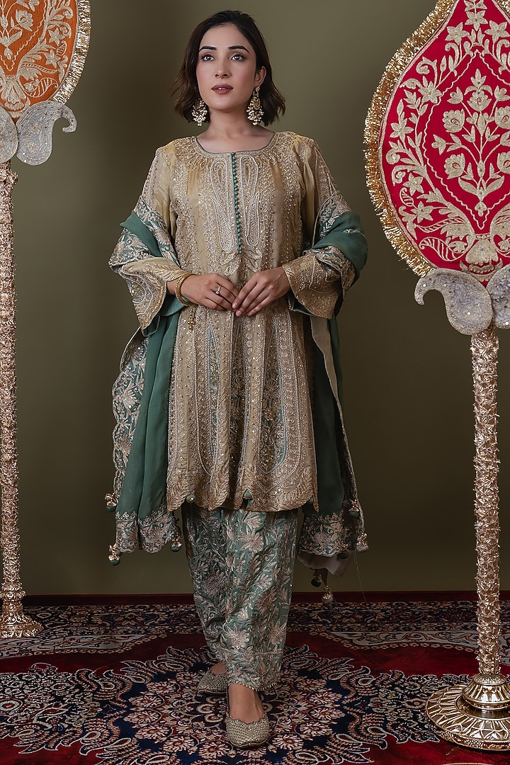 Lame Gold Lame Georgette Tilla Embroidered Choga Kurta Set by Dareaab by Sonia k Mahajan at Pernia's Pop Up Shop