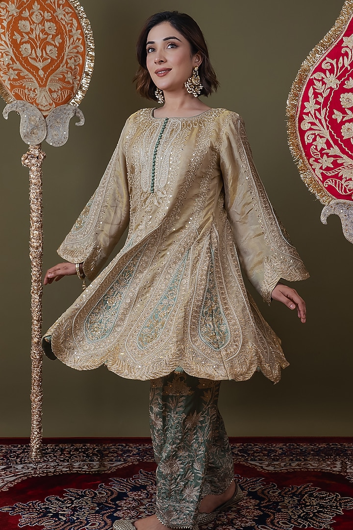 Lame Gold Lame Georgette Tilla Embroidered Choga Kurta Set by Dareaab by Sonia k Mahajan at Pernia's Pop Up Shop
