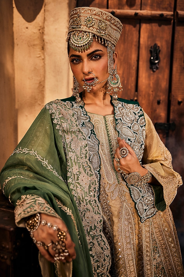Lame Gold Lame Georgette Tilla Embroidered Choga Kurta Set by Dareaab by Sonia k Mahajan at Pernia's Pop Up Shop