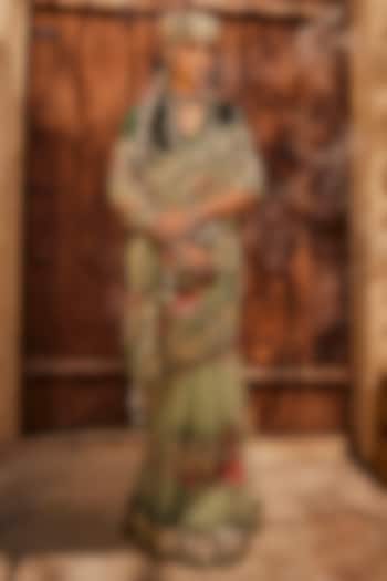 Grass Green Net Thread Embroidered Kalidar Wedding Saree Set by Dareaab by Sonia k Mahajan at Pernia's Pop Up Shop