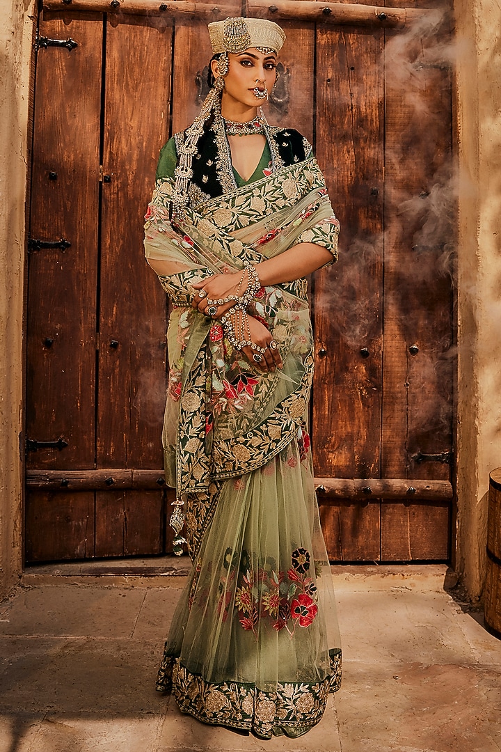 Grass Green Net Thread Embroidered Kalidar Wedding Saree Set by Dareaab by Sonia k Mahajan at Pernia's Pop Up Shop