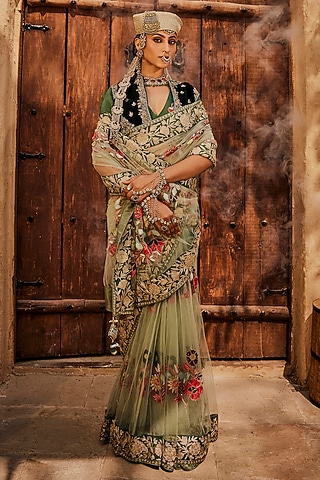 Grass Green Net Thread Embroidered Kalidar Saree Set by Dareaab by Sonia k Mahajan