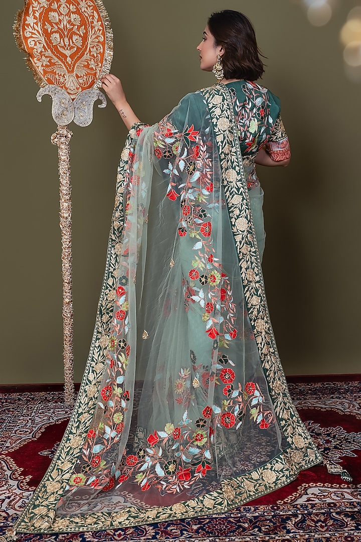 Grass Green Net Thread Embroidered Kalidar Wedding Saree Set by Dareaab by Sonia k Mahajan at Pernia's Pop Up Shop