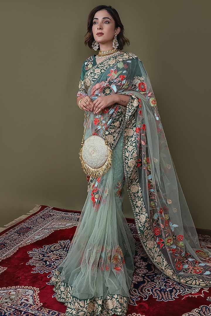Grass Green Net Thread Embroidered Kalidar Wedding Saree Set by Dareaab by Sonia k Mahajan at Pernia's Pop Up Shop