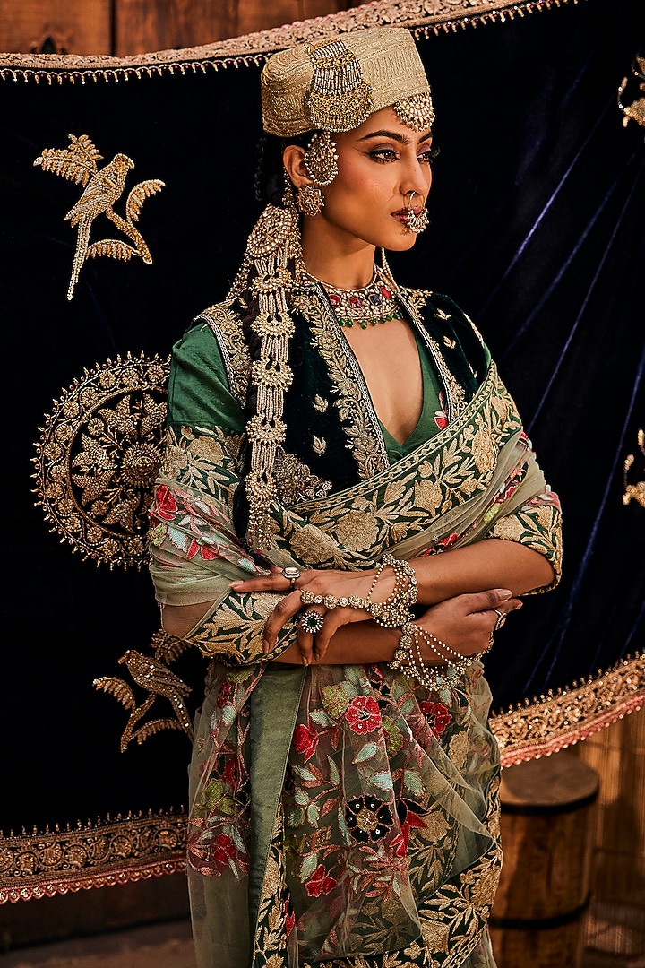 Grass Green Net Thread Embroidered Kalidar Wedding Saree Set by Dareaab by Sonia k Mahajan at Pernia's Pop Up Shop