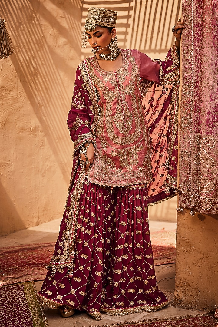 Rose Pink Lame Georgette Wedding Sharara Set by Dareaab by Sonia k Mahajan at Pernia's Pop Up Shop