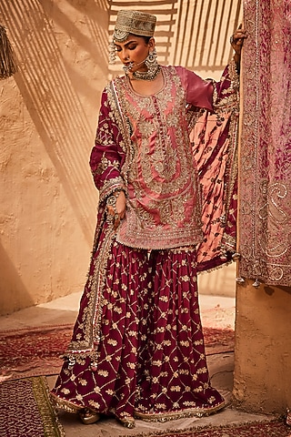 Rose Pink Lame Georgette Sharara Set by Dareaab by Sonia k Mahajan
