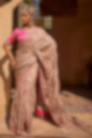 Slate Grey Crushed Cantaloupe Resham Embroidered Wedding Saree Set by Dareaab by Sonia k Mahajan at Pernia's Pop Up Shop