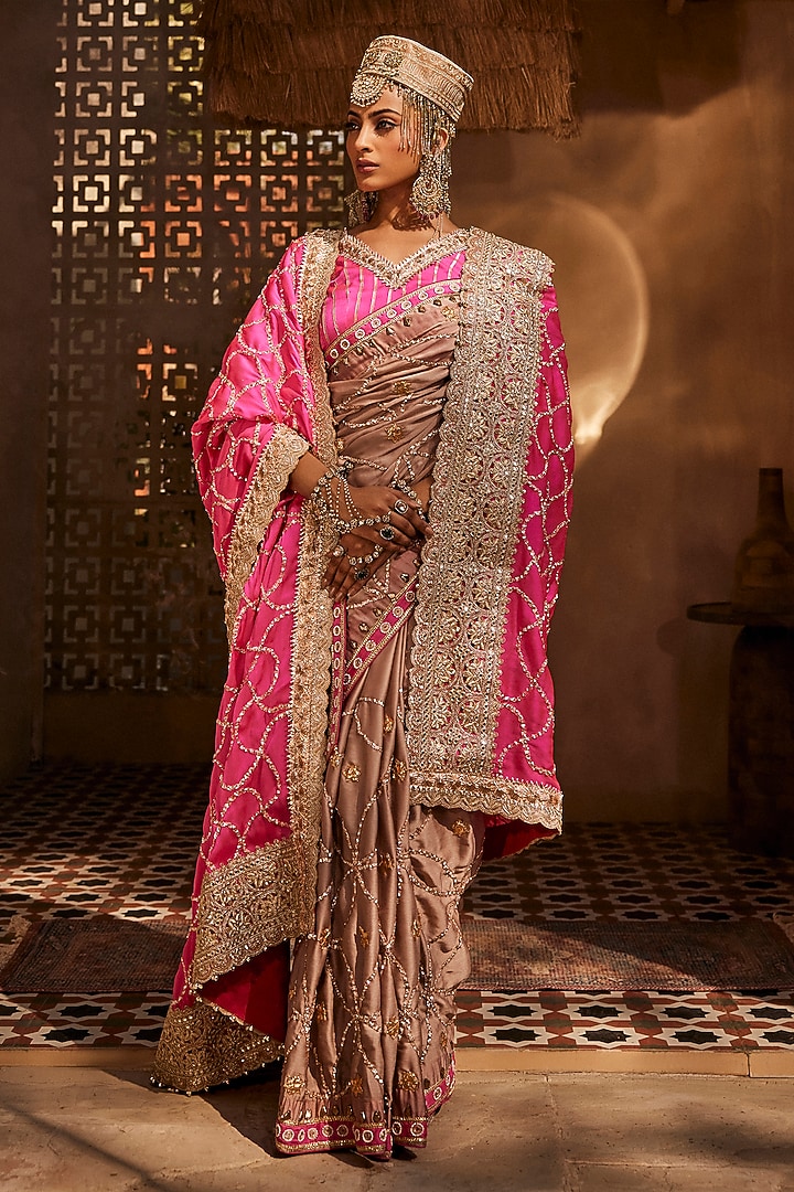 Slate Grey Crushed Cantaloupe Resham Embroidered Wedding Saree Set by Dareaab by Sonia k Mahajan at Pernia's Pop Up Shop