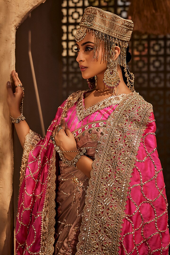 Slate Grey Crushed Cantaloupe Resham Embroidered Wedding Saree Set by Dareaab by Sonia k Mahajan at Pernia's Pop Up Shop