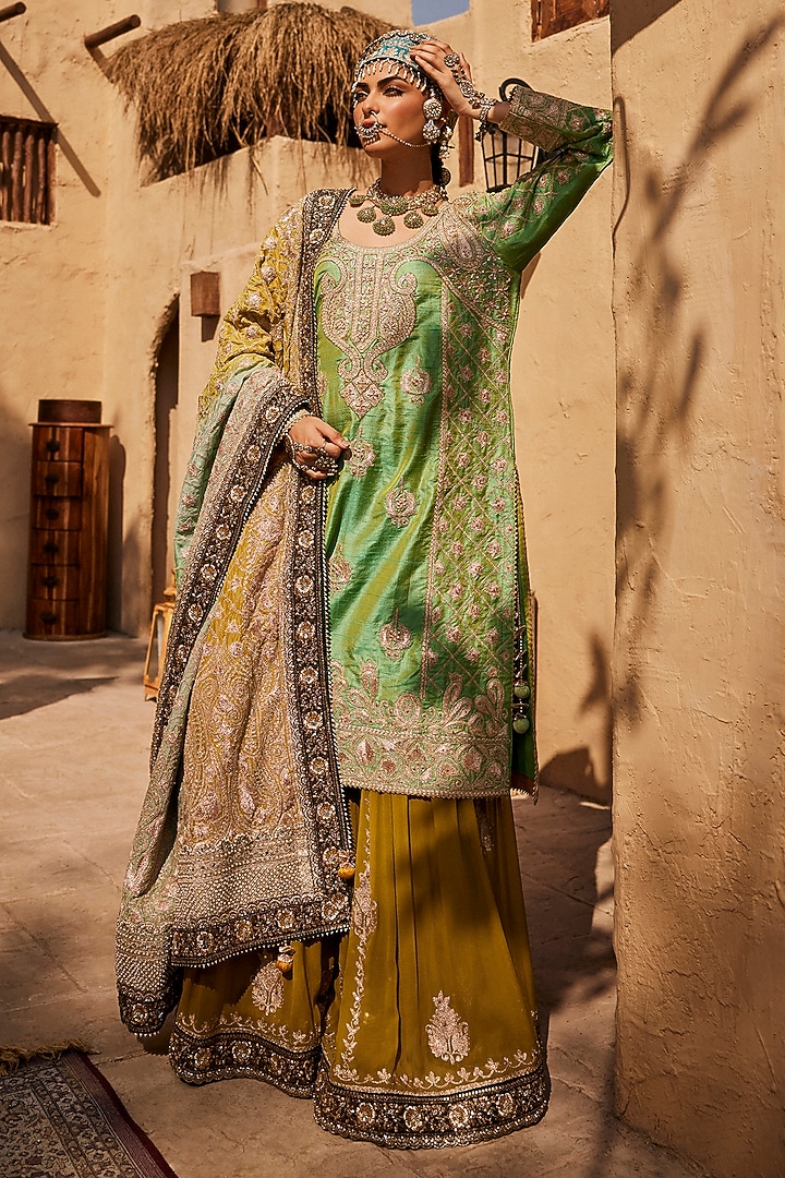 Mehendi Green Georgette Gharara Set by Dareaab by Sonia k Mahajan at Pernia's Pop Up Shop