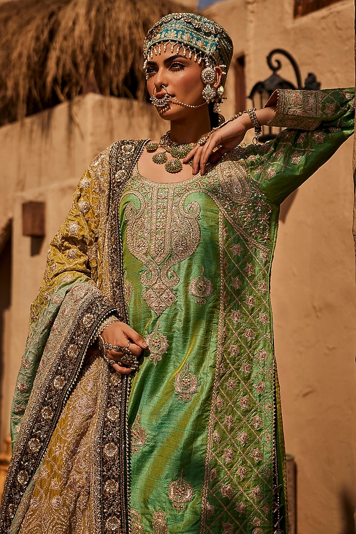 Mehendi Green Georgette Gharara Set by Dareaab by Sonia k Mahajan at Pernia's Pop Up Shop