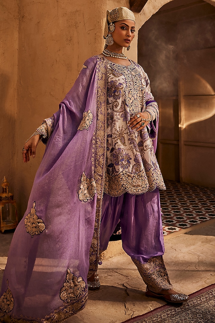 Ivory Crepe Tilla Embroidered Choga Kurta Set by Dareaab by Sonia k Mahajan at Pernia's Pop Up Shop