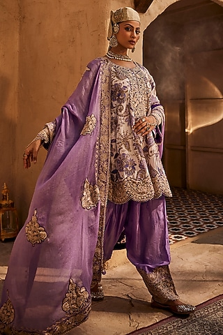 Ivory Crepe Tilla Embroidered Choga Kurta Set by Dareaab by Sonia k Mahajan