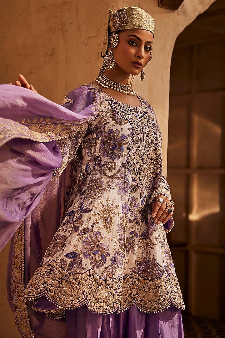 Ivory Crepe Tilla Embroidered Choga Kurta Set by Dareaab by Sonia k Mahajan at Pernia's Pop Up Shop