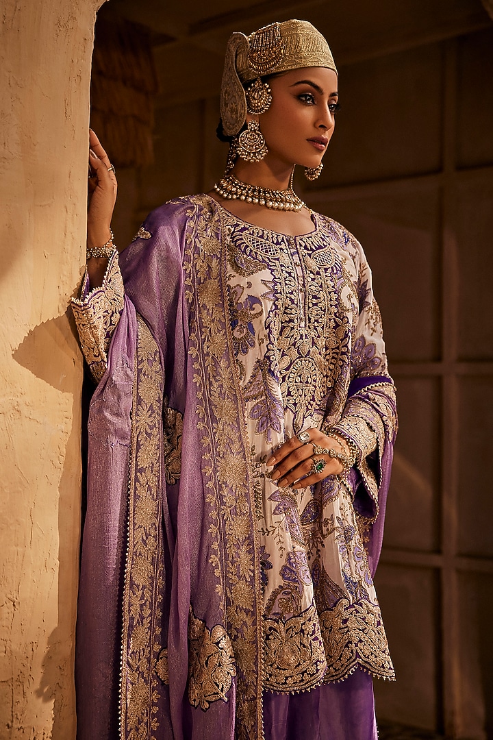 Ivory Crepe Tilla Embroidered Choga Kurta Set by Dareaab by Sonia k Mahajan at Pernia's Pop Up Shop