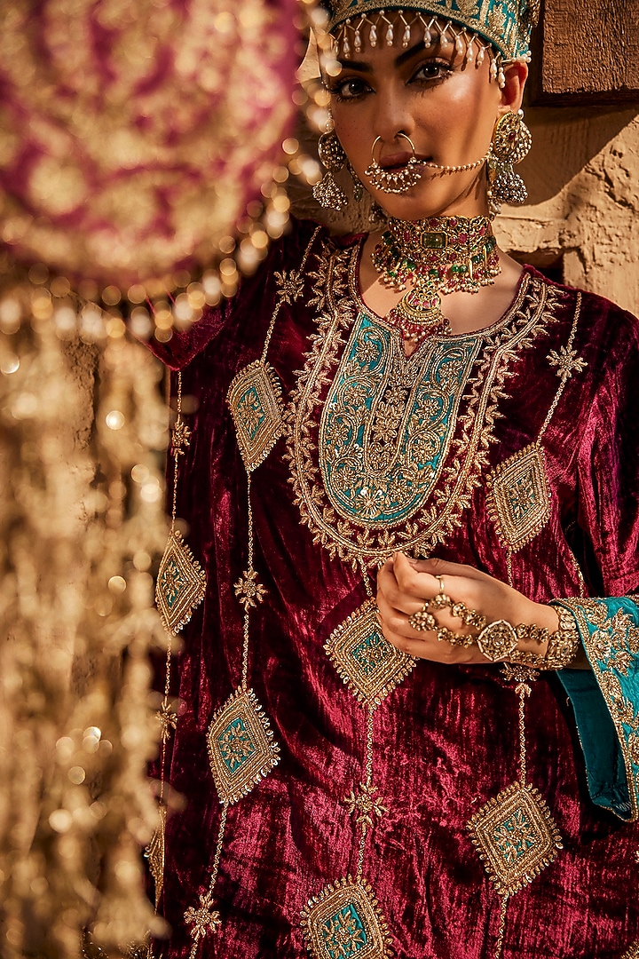 Wine Shaneel Zardosi Embroidered Kurta Set by Dareaab by Sonia k Mahajan at Pernia's Pop Up Shop