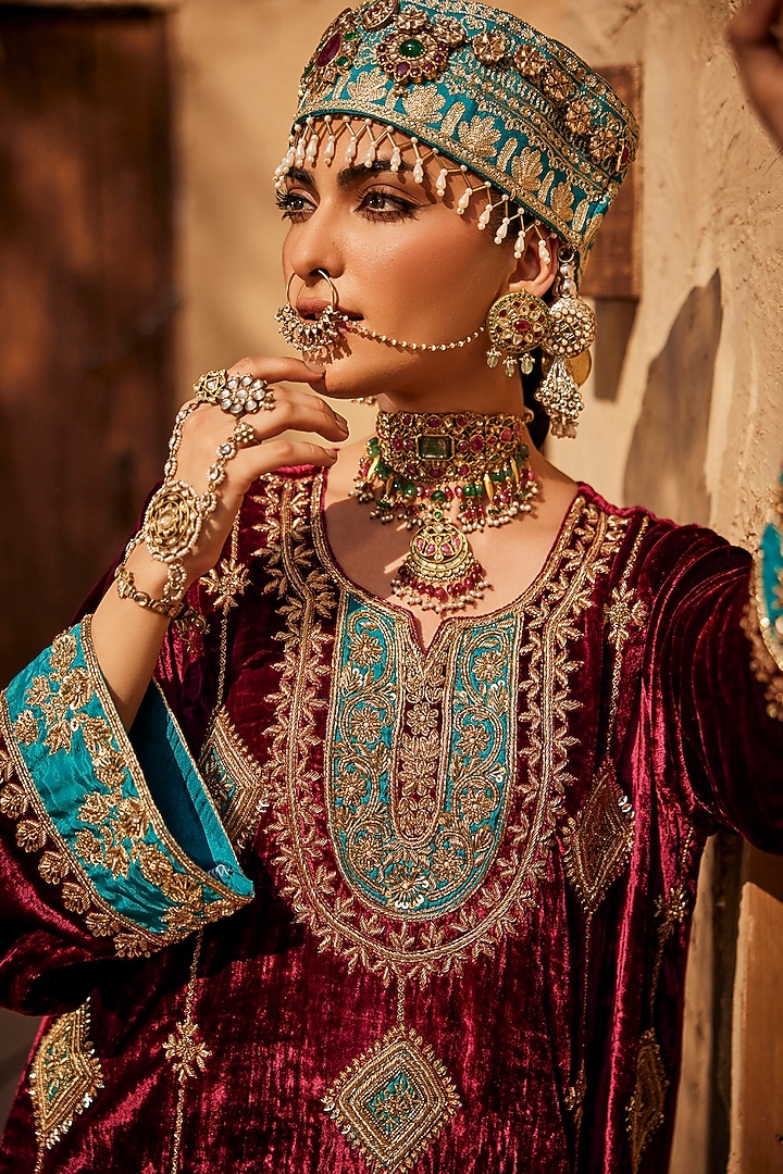 Wine Shaneel Zardosi Embroidered Kurta Set by Dareaab by Sonia k Mahajan at Pernia's Pop Up Shop