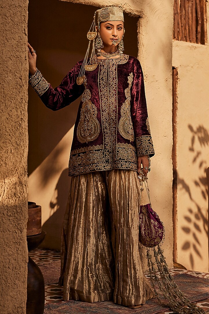 Maroon Shaneel Zardosi Embroidered Jacket by Dareaab by Sonia k Mahajan at Pernia's Pop Up Shop