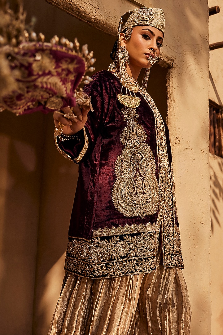 Maroon Shaneel Zardosi Embroidered Jacket by Dareaab by Sonia k Mahajan at Pernia's Pop Up Shop