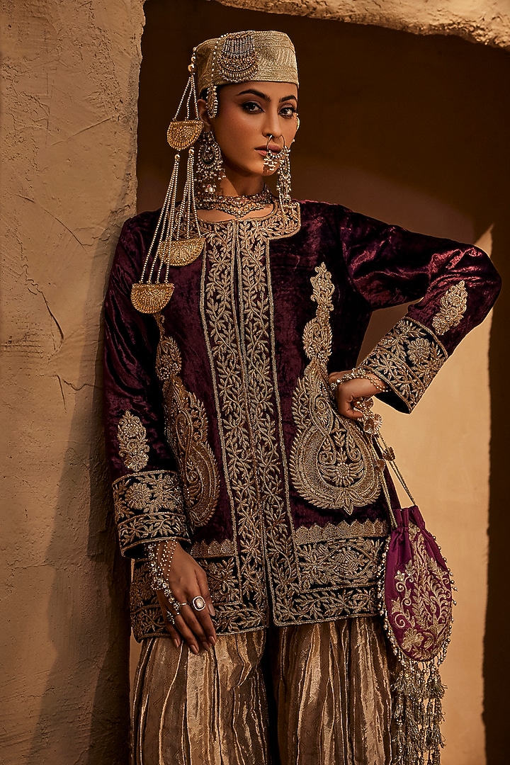 Maroon Shaneel Zardosi Embroidered Jacket by Dareaab by Sonia k Mahajan at Pernia's Pop Up Shop