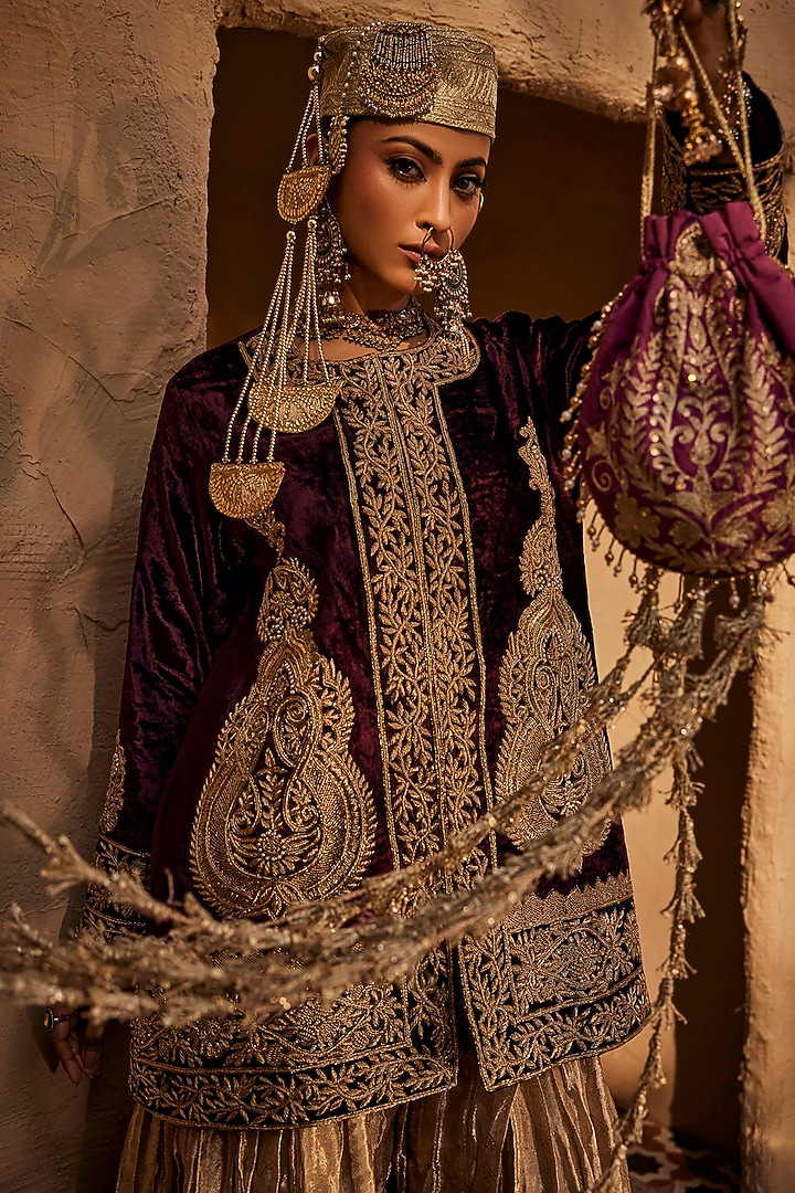 Maroon Shaneel Zardosi Embroidered Jacket by Dareaab by Sonia k Mahajan at Pernia's Pop Up Shop