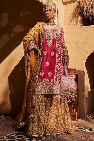 Mustard Yellow Georgette Gharara Set by Dareaab by Sonia k Mahajan