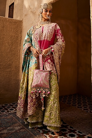 Parrot Green Georgette Tilla Embroidered Gharara Set by Dareaab by Sonia k Mahajan
