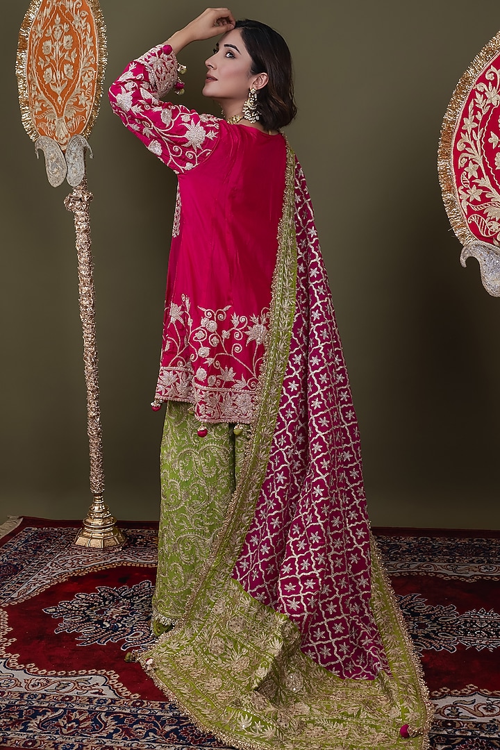 Parrot Green Georgette Tilla Embroidered Gharara Set by Dareaab by Sonia k Mahajan at Pernia's Pop Up Shop
