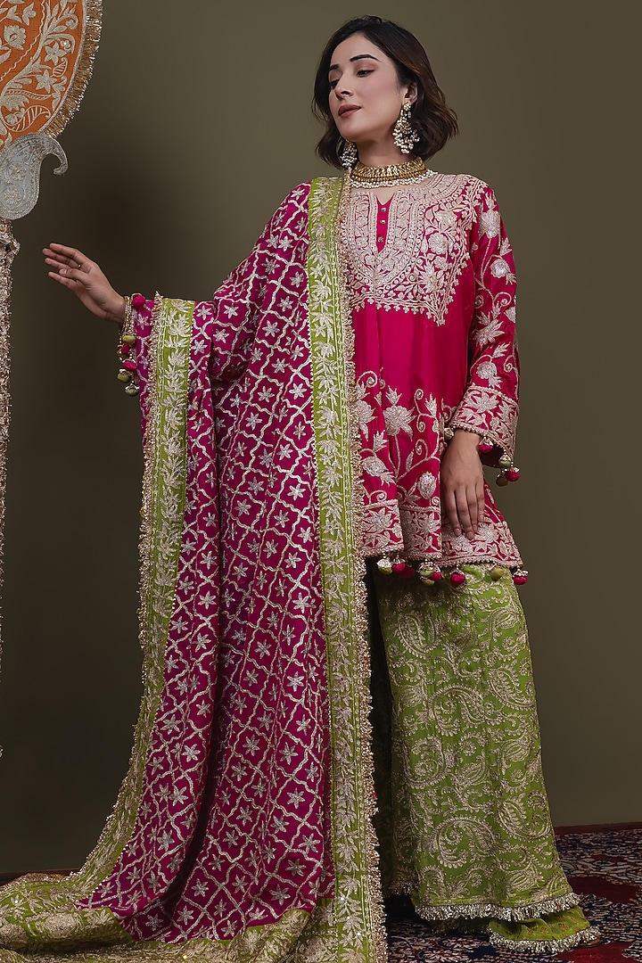 Parrot Green Georgette Tilla Embroidered Gharara Set by Dareaab by Sonia k Mahajan at Pernia's Pop Up Shop