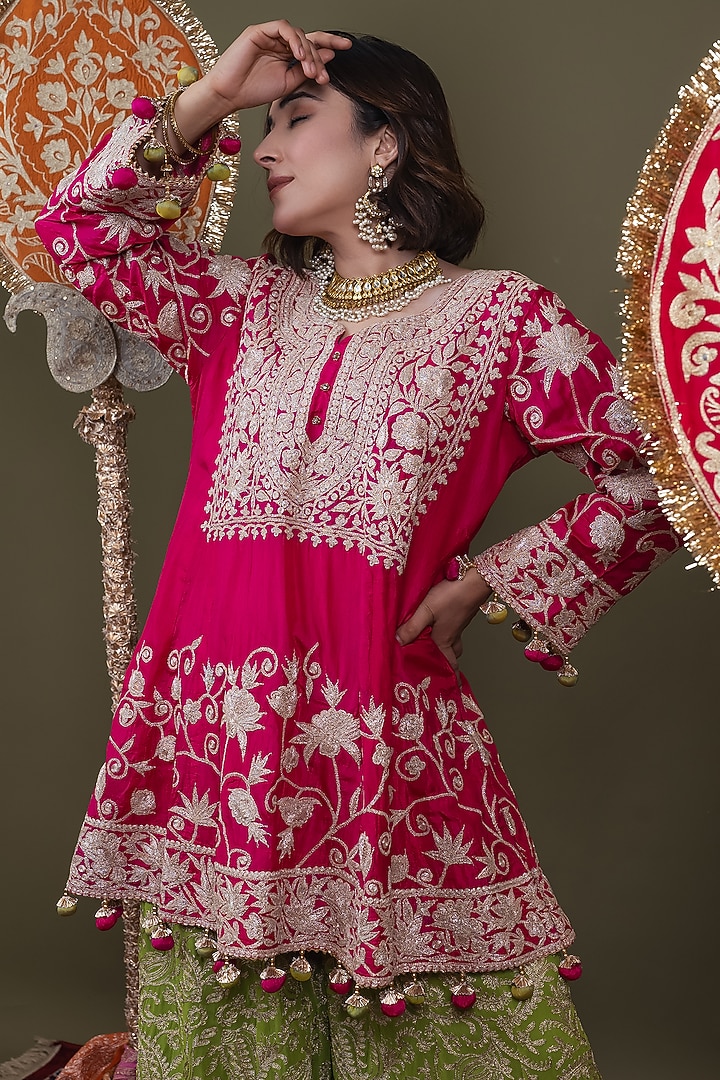Parrot Green Georgette Tilla Embroidered Gharara Set by Dareaab by Sonia k Mahajan at Pernia's Pop Up Shop