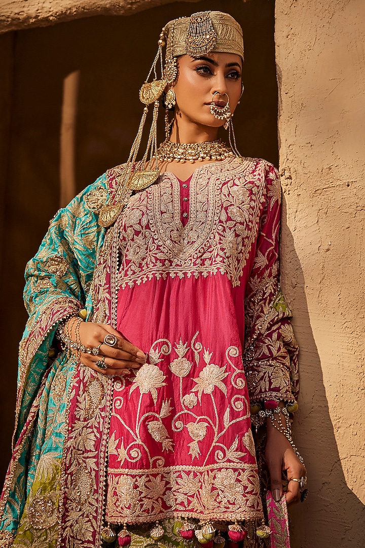 Parrot Green Georgette Tilla Embroidered Gharara Set by Dareaab by Sonia k Mahajan at Pernia's Pop Up Shop