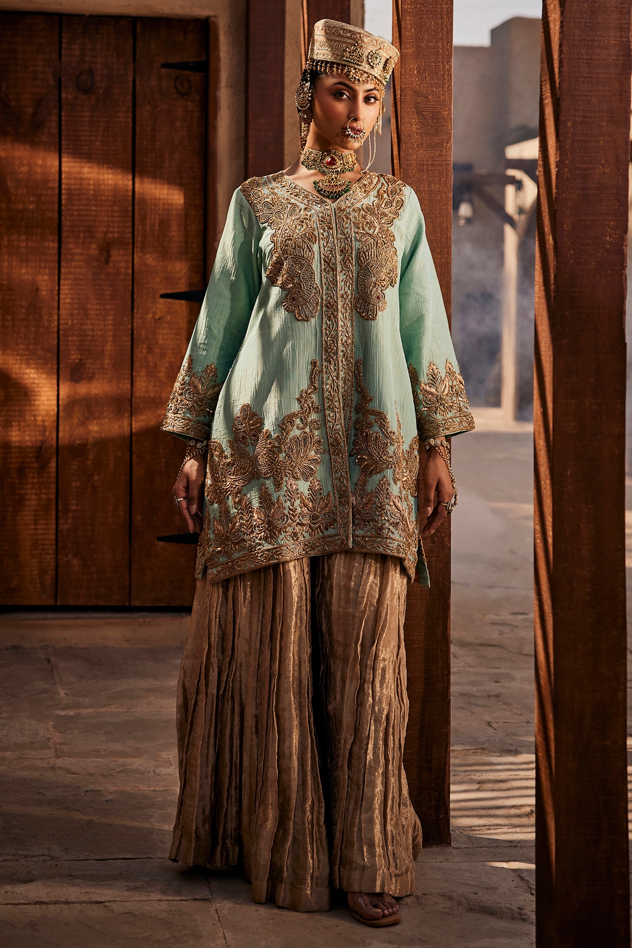 Dareaab by Sonia k Mahajan Azure Blue Wrinkled Georgette Dabka Embroidered Jacket Set
