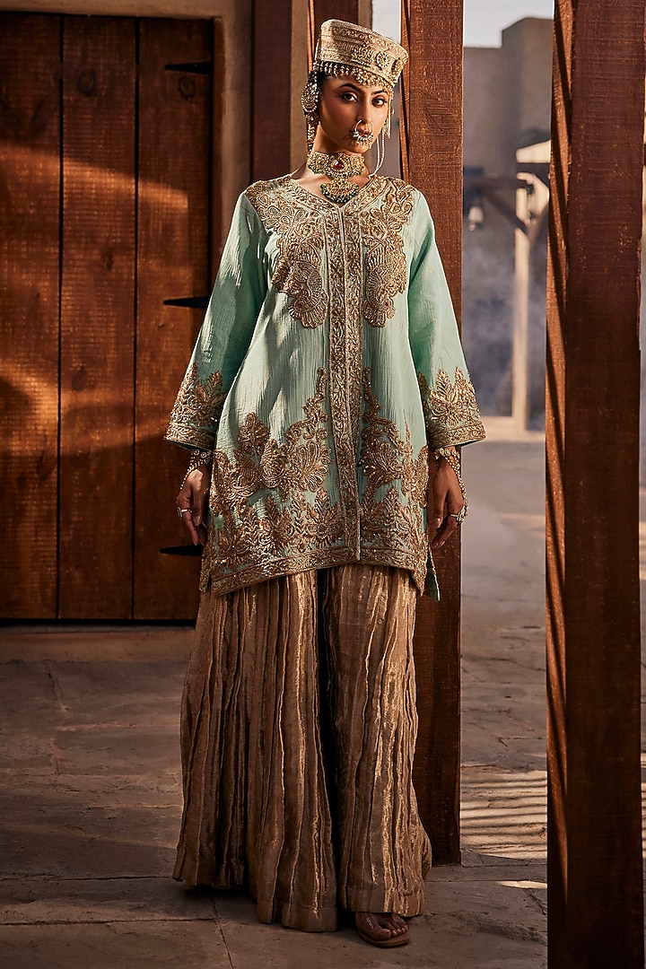 Azure Blue Wrinkled Georgette Dabka Embroidered Jacket Set by Dareaab by Sonia k Mahajan at Pernia's Pop Up Shop