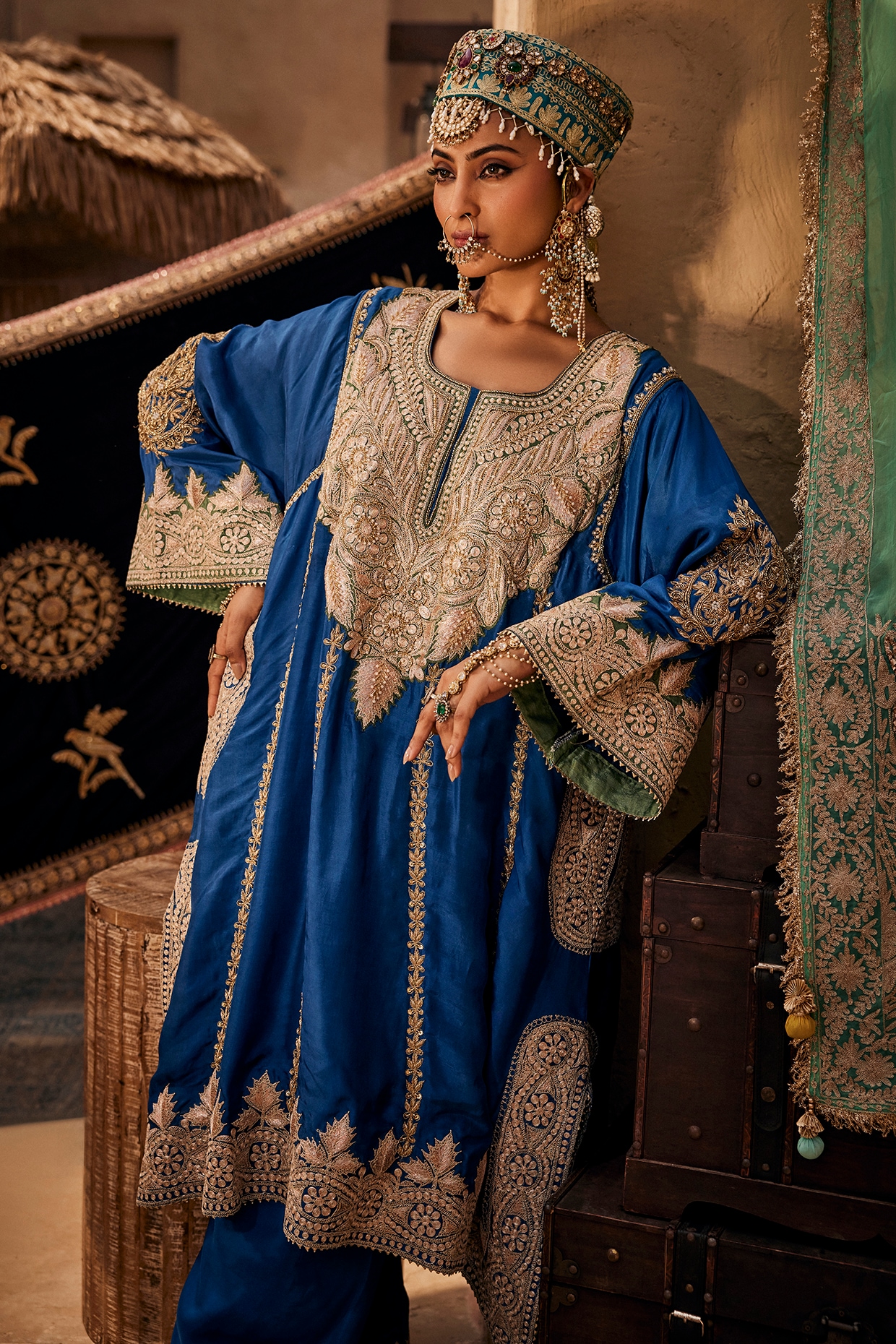 Dareaab by Sonia k Mahajan Peacock Blue Upada Silk Zardosi Embroidered Kurta Set