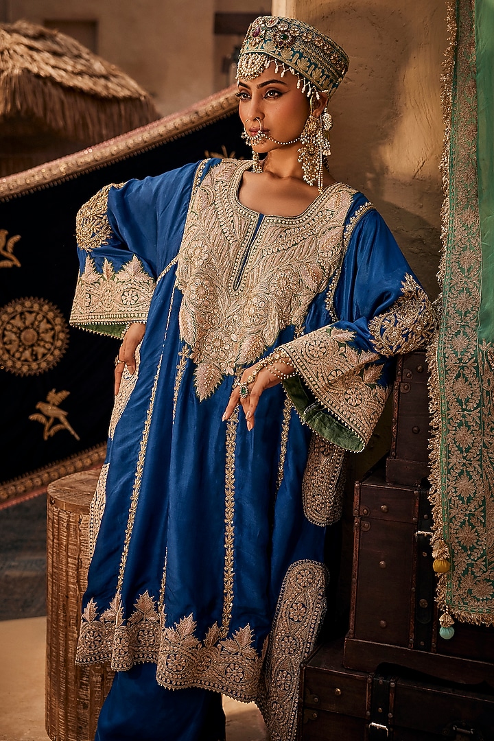 Peacock Blue Upada Silk Zardosi Embroidered Kurta Set by Dareaab by Sonia k Mahajan at Pernia's Pop Up Shop