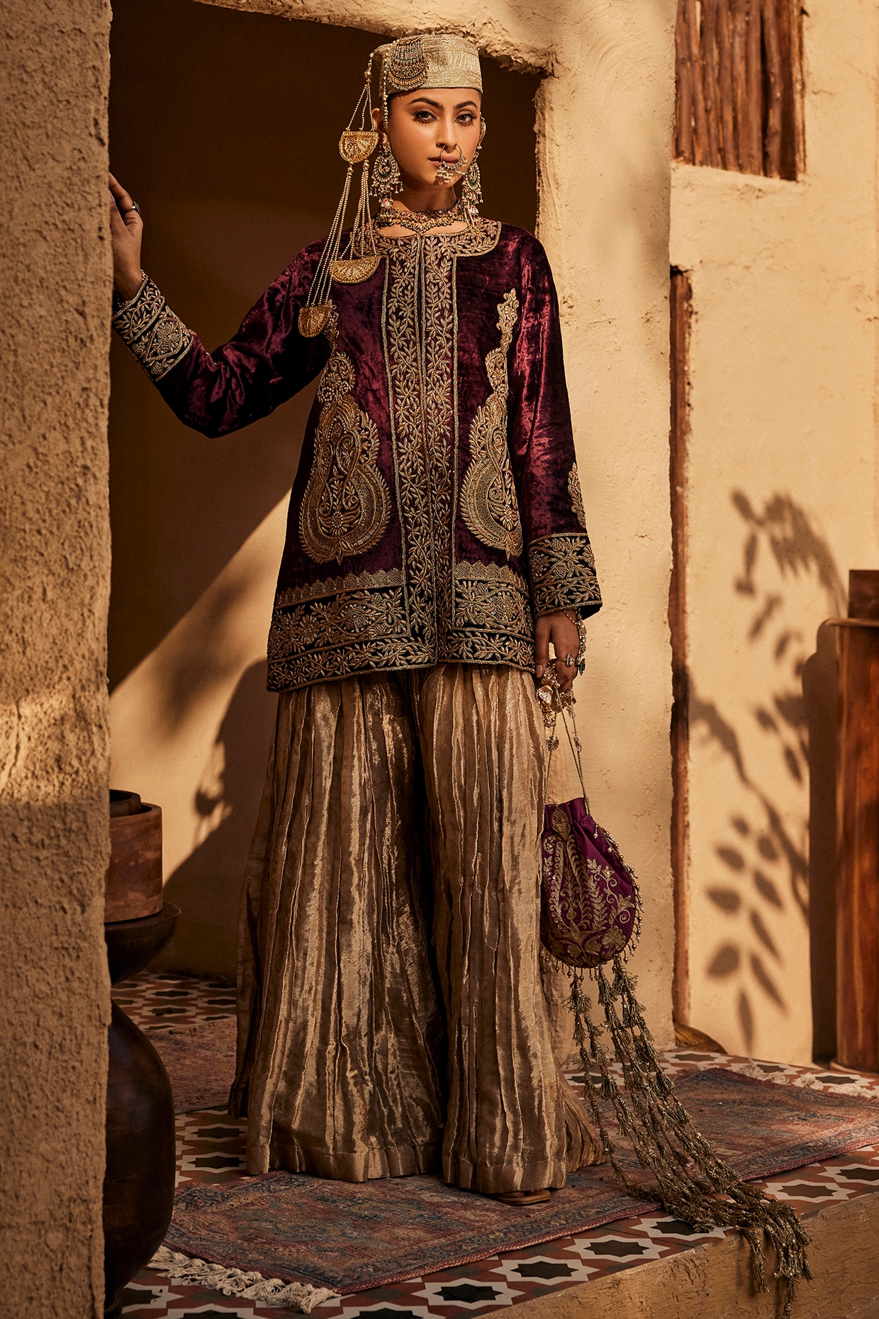 Dareaab by Sonia k Mahajan Maroon Shaneel Fabric Zardosi Embroidered Jacket Set