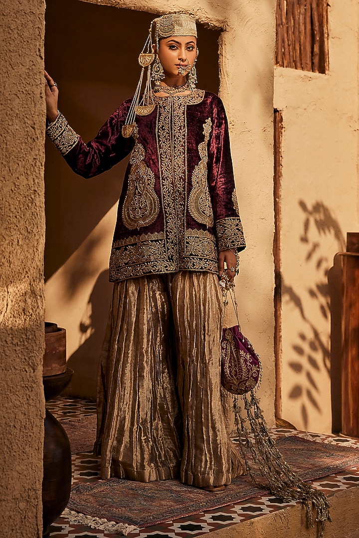 Maroon Shaneel Fabric Zardosi Embroidered Jacket Set by Dareaab by Sonia k Mahajan at Pernia's Pop Up Shop